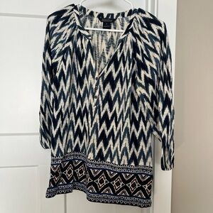 Lucky Brand Printed Blouse in Navy and White